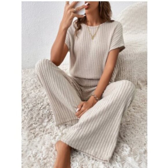2 piece outfit tee shirt & wide leg pants lounge ribbed knit soft - Picture 3 of 8